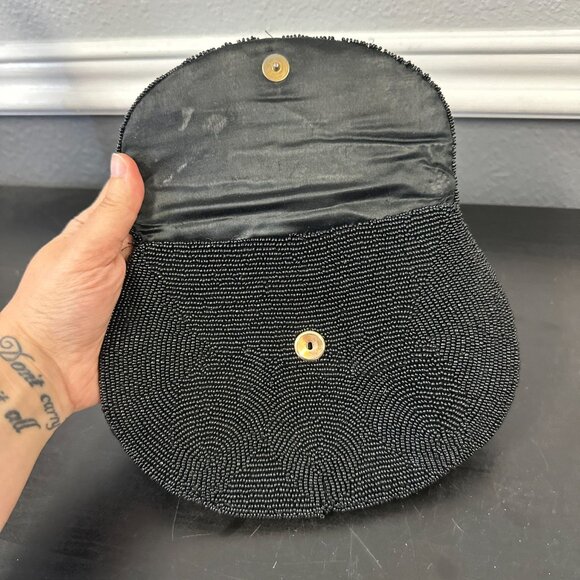 Vintage 50s Black Micro Beaded Small Clutch Purse Intricate Made in France 8x6 - Picture 4 of 6